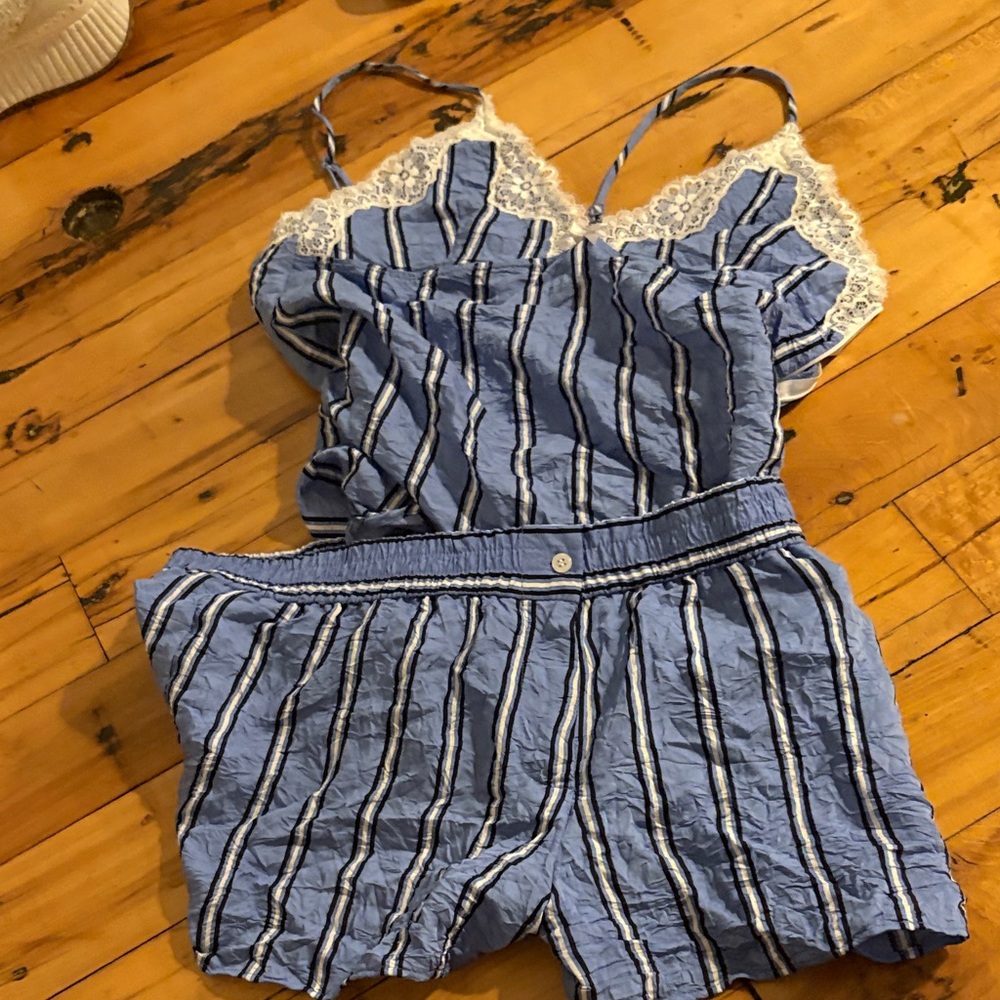 Blue viral Zara Striped Lace Trim Romper